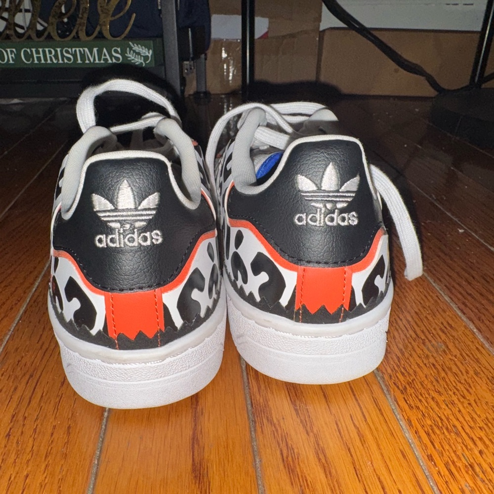 Adidas Black and White Shoes with Red Highlights